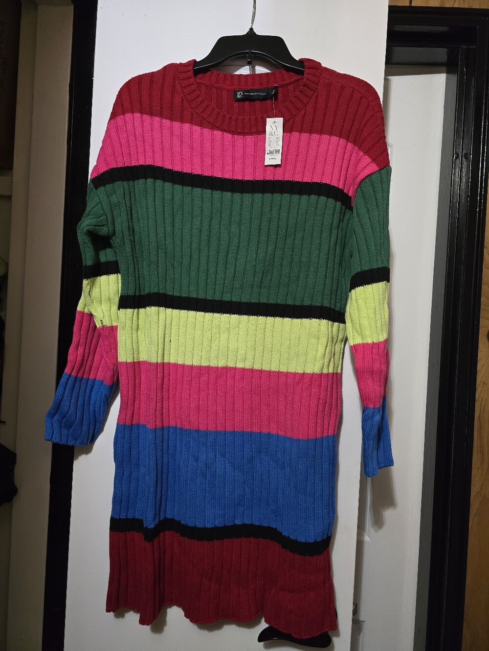 New York & Company Multicolor Stripe Ribbed Women's Sweater Dress - Size Large